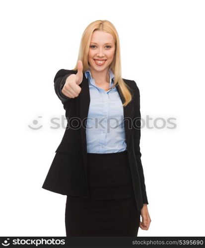 bright picture of young businesswoman with thumbs up