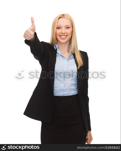 bright picture of young businesswoman with thumbs up