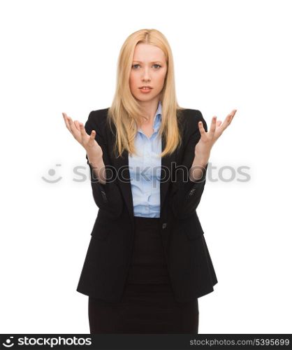 bright picture of young confused businesswoman with hands up