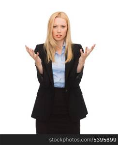 bright picture of young confused businesswoman with hands up