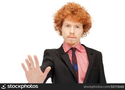 bright picture of young man making stop gesture