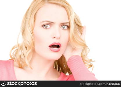 bright picture of young woman listening gossip