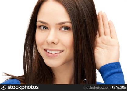 bright picture of young woman listening gossip.