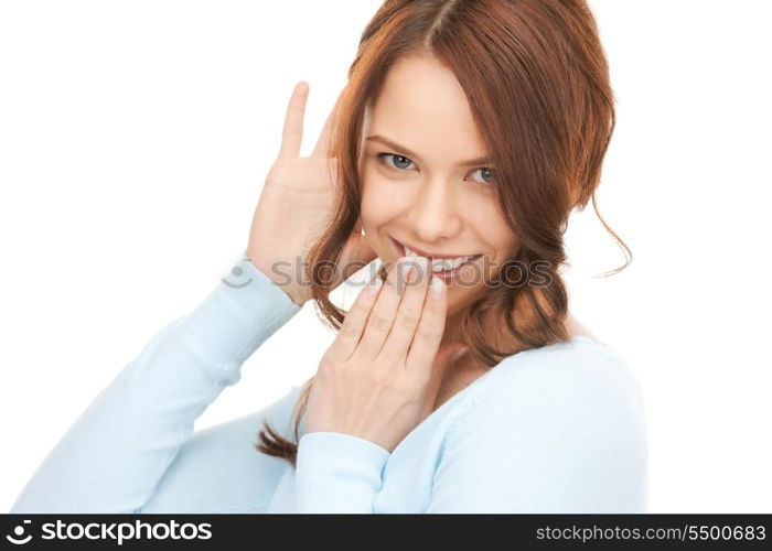 bright picture of young woman listening gossip