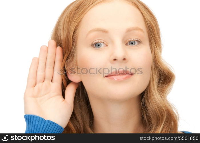 bright picture of young woman listening gossip&#xA;