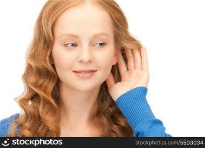 bright picture of young woman listening gossip&#xA;