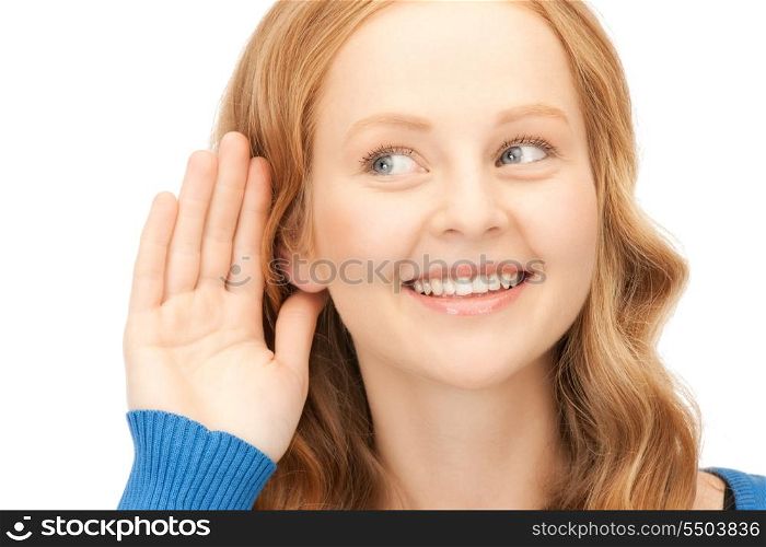 bright picture of young woman listening gossip&#xA;