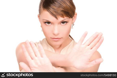 bright picture of young woman making stop gesture