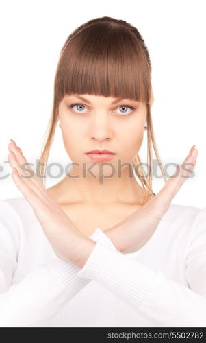 bright picture of young woman making stop gesture