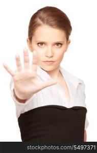 bright picture of young woman making stop gesture&#xA;
