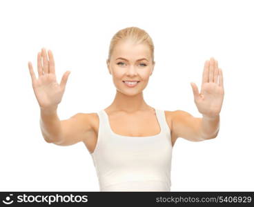 bright picture of young woman showing her palms..