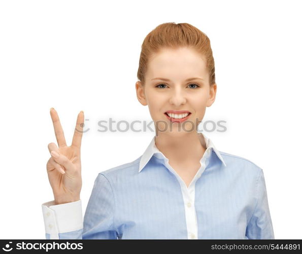 bright picture of young woman showing victory sign