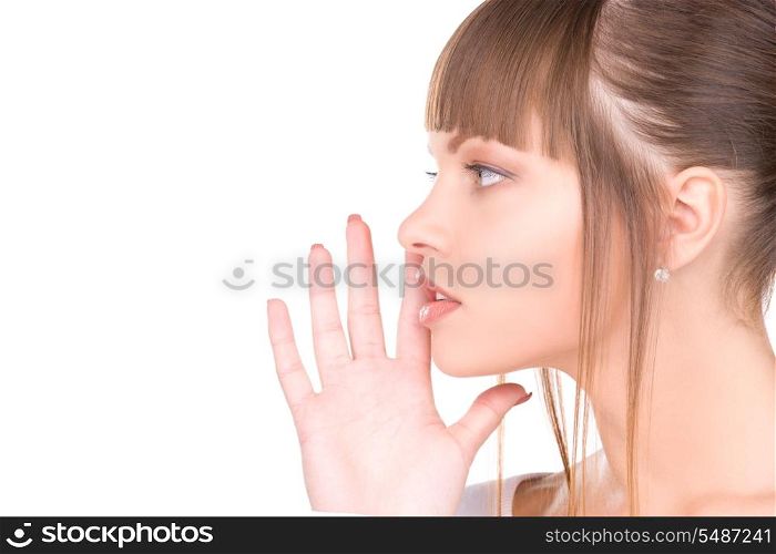 bright picture of young woman whispering gossip