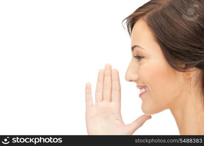 bright picture of young woman whispering gossip