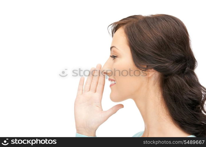 bright picture of young woman whispering gossip