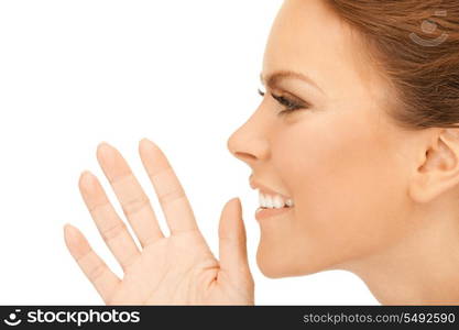 bright picture of young woman whispering gossip