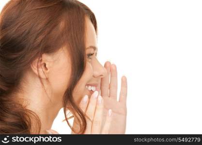 bright picture of young woman whispering gossip