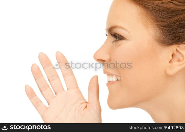 bright picture of young woman whispering gossip