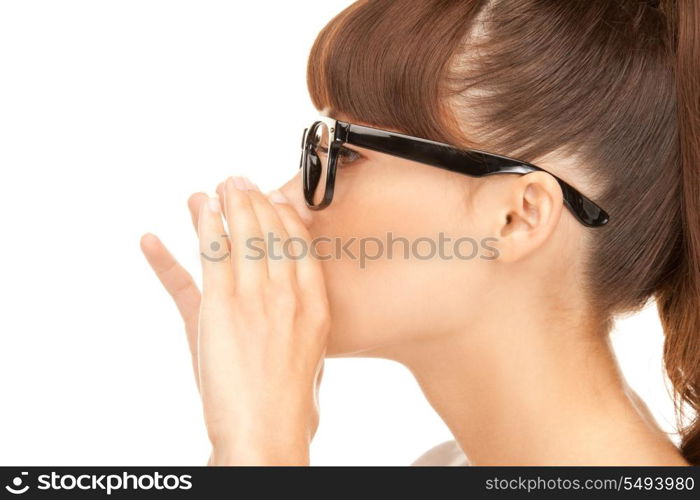 bright picture of young woman whispering gossip