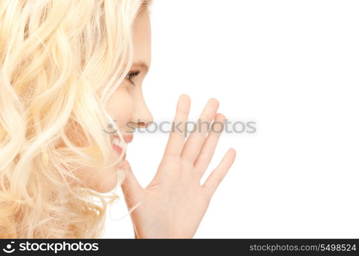 bright picture of young woman whispering gossip