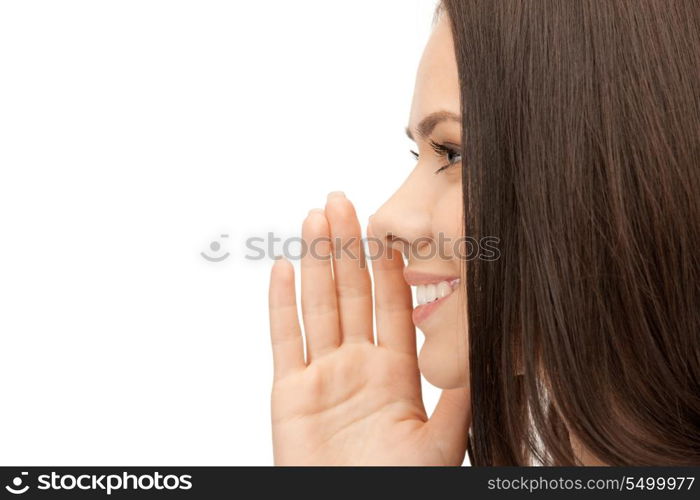 bright picture of young woman whispering gossip