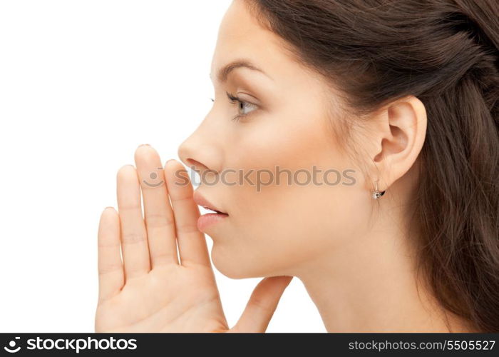 bright picture of young woman whispering gossip