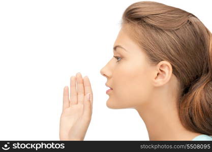 bright picture of young woman whispering gossip