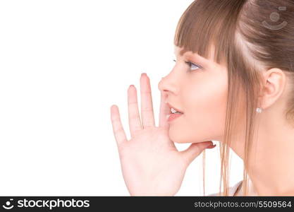 bright picture of young woman whispering gossip