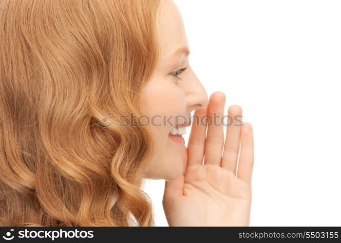 bright picture of young woman whispering gossip&#xA;