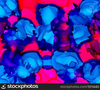 Bright pink and blue paint uneven texture.Colorful background hand drawn with bright inks and watercolor paints. Color splashes and splatters create uneven artistic modern design.