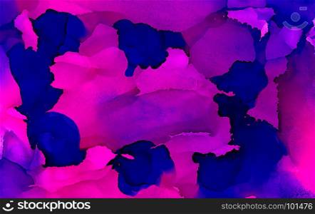 Bright pink paint with blue splashes.Colorful background hand drawn with bright inks and watercolor paints. Color splashes and splatters create uneven artistic modern design.