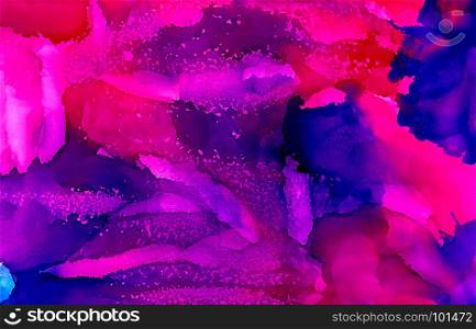 Bright pink paint with blue splashes textured.Colorful background hand drawn with bright inks and watercolor paints. Color splashes and splatters create uneven artistic modern design.