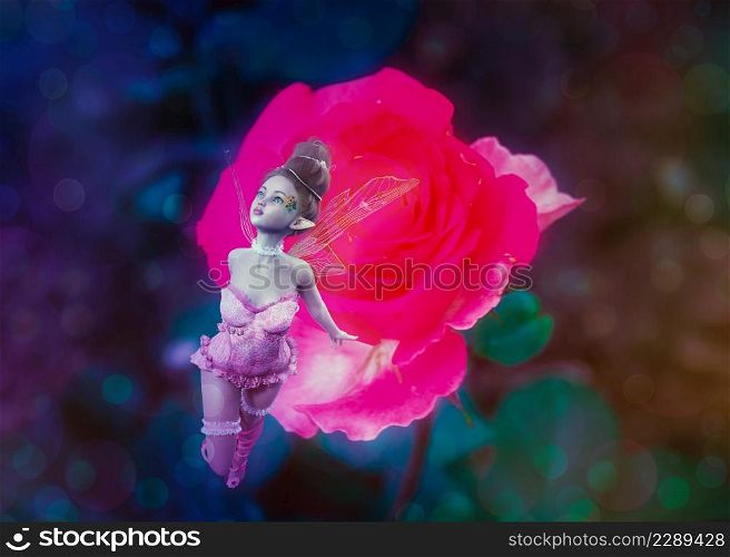 Bright pink rose and 3D fantasy fairy girl, photomanipulation.