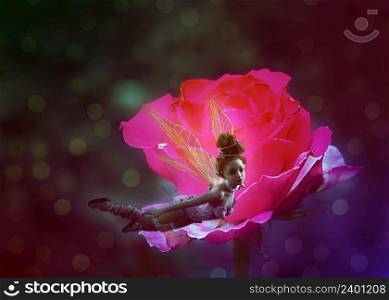Bright pink rose and 3D fantasy fairy girl, photomanipulation.