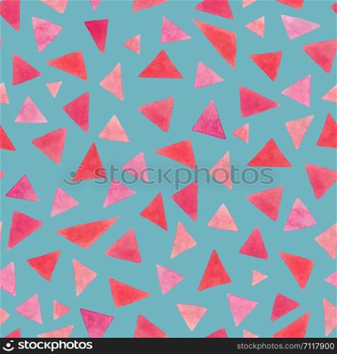 Bright pink watercolor triangles seamless pattern on a blue background. Suitable for the design of notebooks, cards, textiles, t-shirts, home decor, wrapping paper.