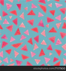 Bright pink watercolor triangles seamless pattern on a blue background. Suitable for the design of notebooks, cards, textiles, t-shirts, home decor, wrapping paper.