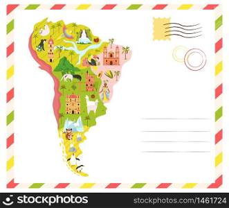 Bright postcard with map of South America with famous natural destinations, landmarks and animals. Greeting card in a postal style. Bright postcard with map of South America