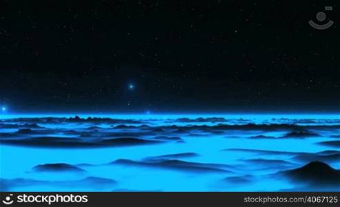Bright radiant objects (UFO) quickly fly over the hills, covered with blue glowing fog. In the dark sky, bright stars.