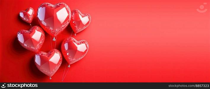 Bright red 3D heart shape on a happy Valentine&rsquo;s Day banner background