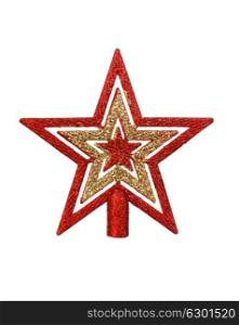 Bright red and golden star for the top of the Christmas tree isolated on a white background