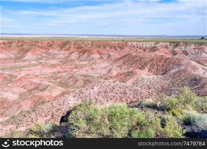 Bright red and orange formations in the Painted Desert region of Petrified Forest National Park