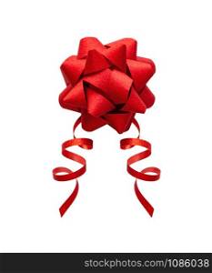 Bright Red gift bow with ribbon isolated on white background. Christmas decoration