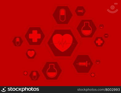 Bright red health background with medical icons. Bright red health tech background with medical icons. Science design