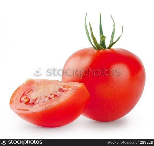Bright red tomato with a slice isolated on white background