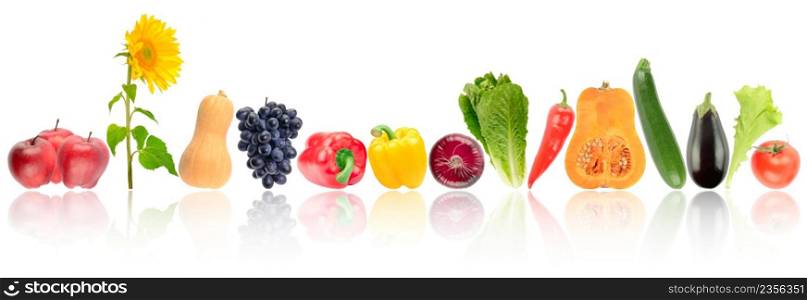 Bright ripe vegetables and fruits with reflection isolated on white background.
