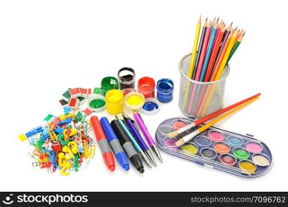 Bright school supplies isolated on white background. Copy space.