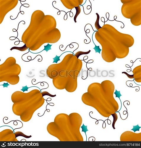 Bright seamless pattern background design template with orange colored autumnal squashes illustration. seamless pattern with orange colored autumnal pumpkins