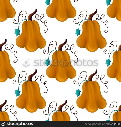 Bright seamless pattern background design template with orange colored autumnal squashes illustration. pattern design template with pumpkins 