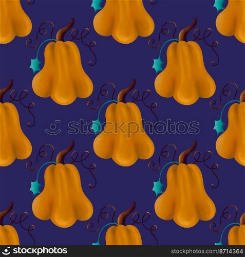 Bright seamless pattern background design template with orange colored autumnal squashes illustration. pumpkins on a blue background seamless pattern 