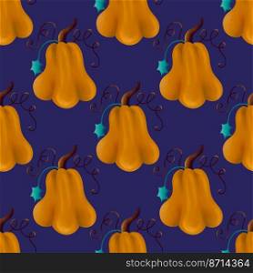 Bright seamless pattern background design template with orange colored autumnal squashes illustration. pumpkins on a blue background seamless pattern 